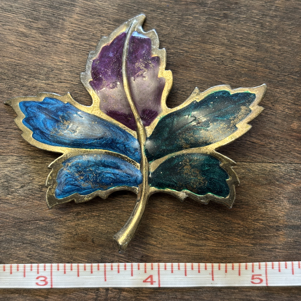 Large Faux Enamel Leaf Brooch Antiqued Brass Tone